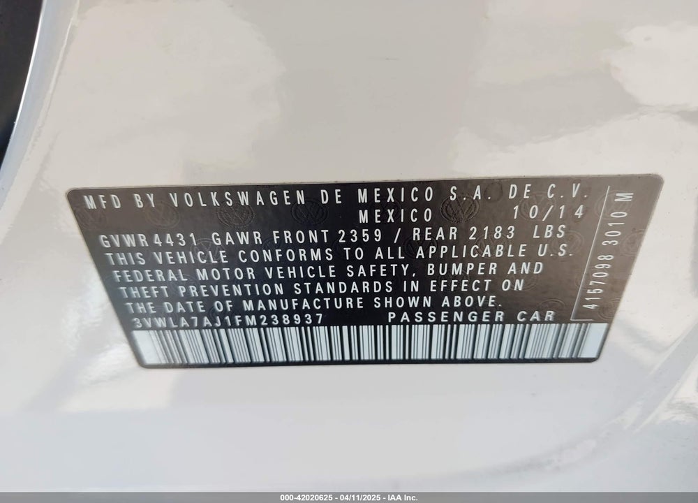 2015 VOLKSWAGEN JETTA VIN: 3VWLA7AJ1FM238937