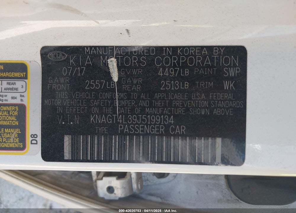 2018 KIA OPTIMA VIN: KNAGT4L39J5199134
