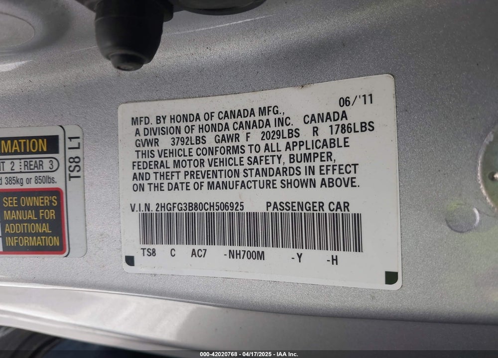 2012 HONDA CIVIC VIN: 2HGFG3B80CH506925