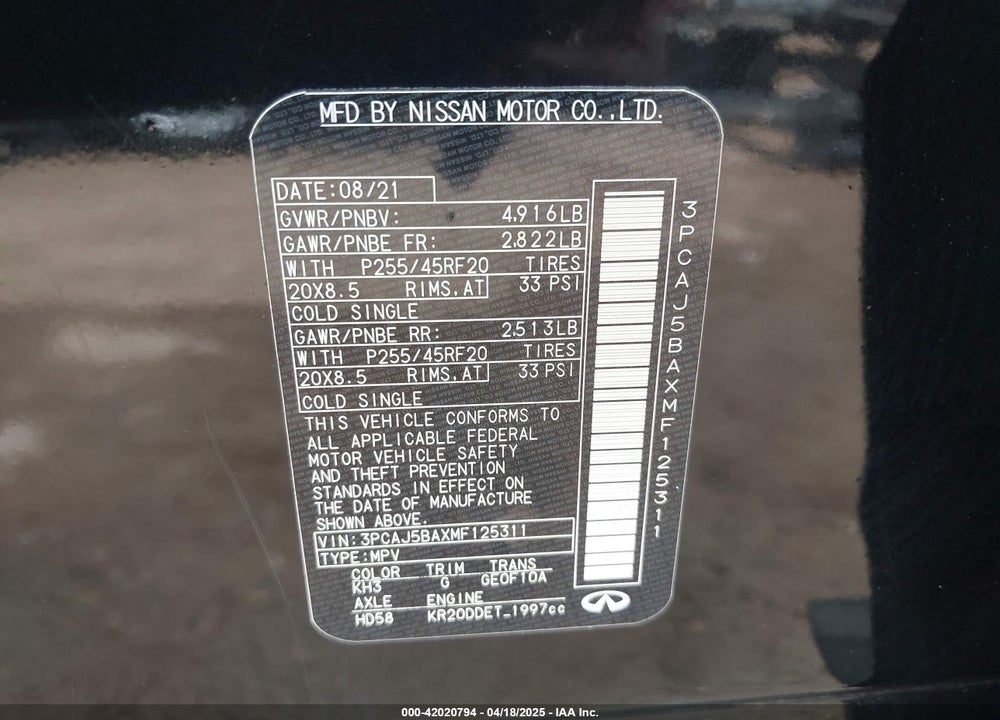 2021 INFINITI QX50 LUXE VIN: 3PCAJ5BAXMF125311