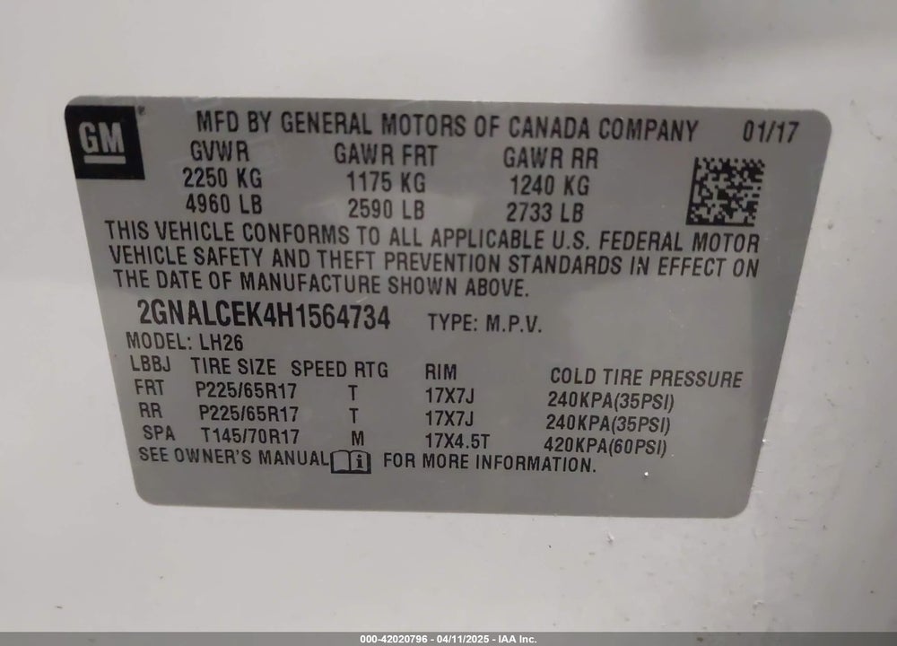 2017 CHEVROLET EQUINOX VIN: 2GNALCEK4H1564734