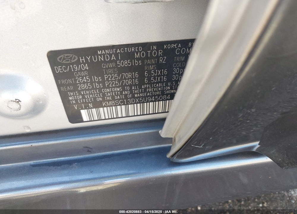 2005 HYUNDAI SANTA FE GLS VIN: KM8SC13DX5U945084