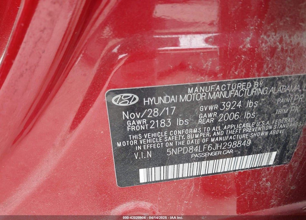 2018 HYUNDAI ELANTRA SEL VIN: 5NPD84LF6JH298849