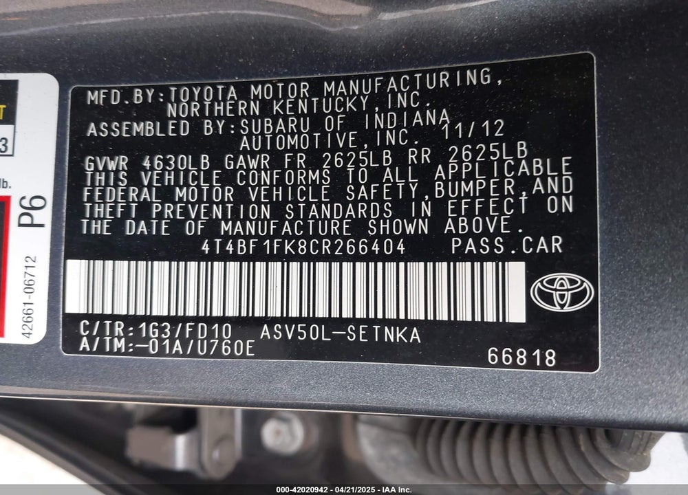 2012 TOYOTA CAMRY VIN: 4T4BF1FK8CR266404