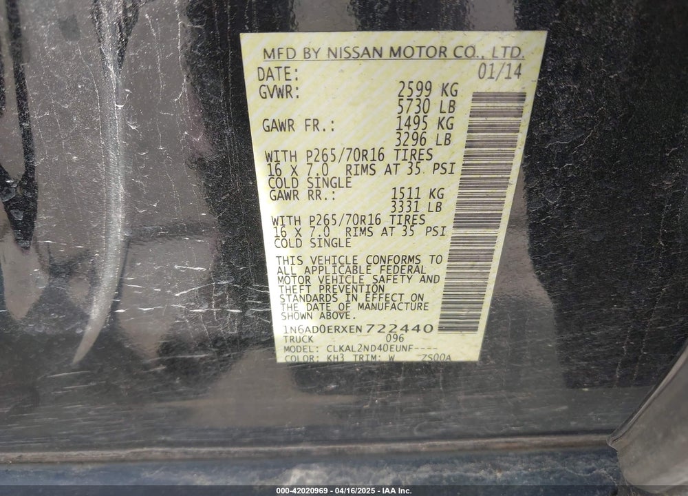 2014 NISSAN FRONTIER VIN: 1N6AD0ERXEN722440