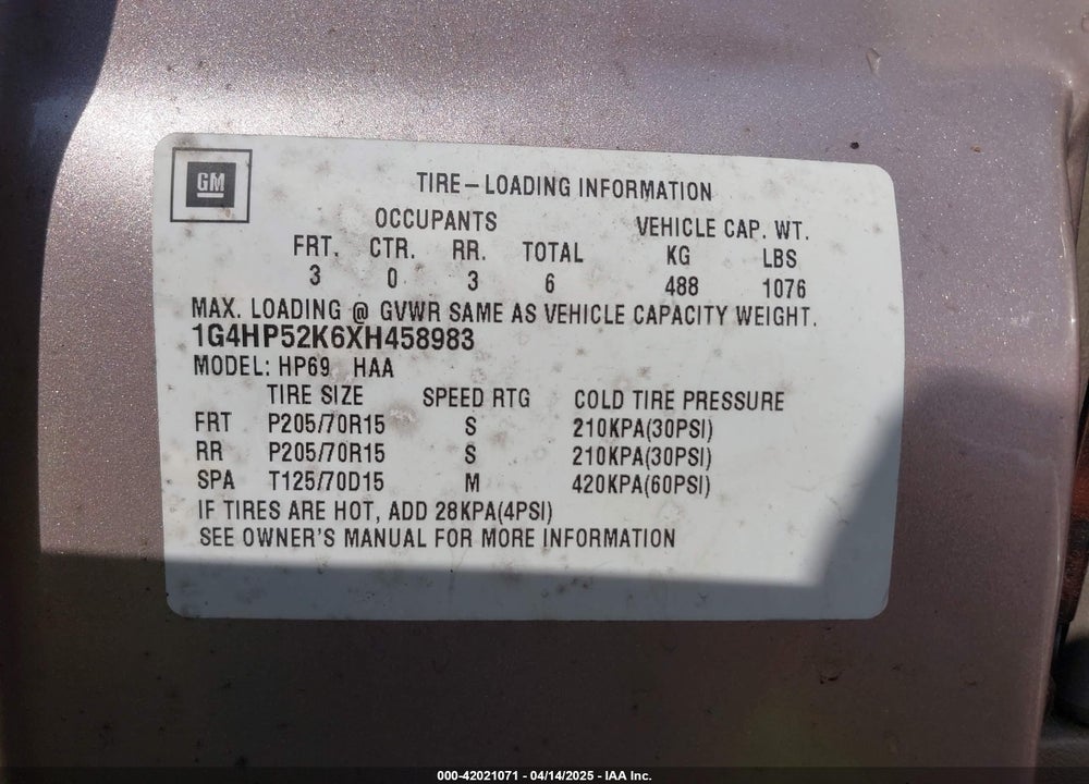 1999 BUICK LESABRE CUSTOM VIN: 1G4HP52K6XH458983