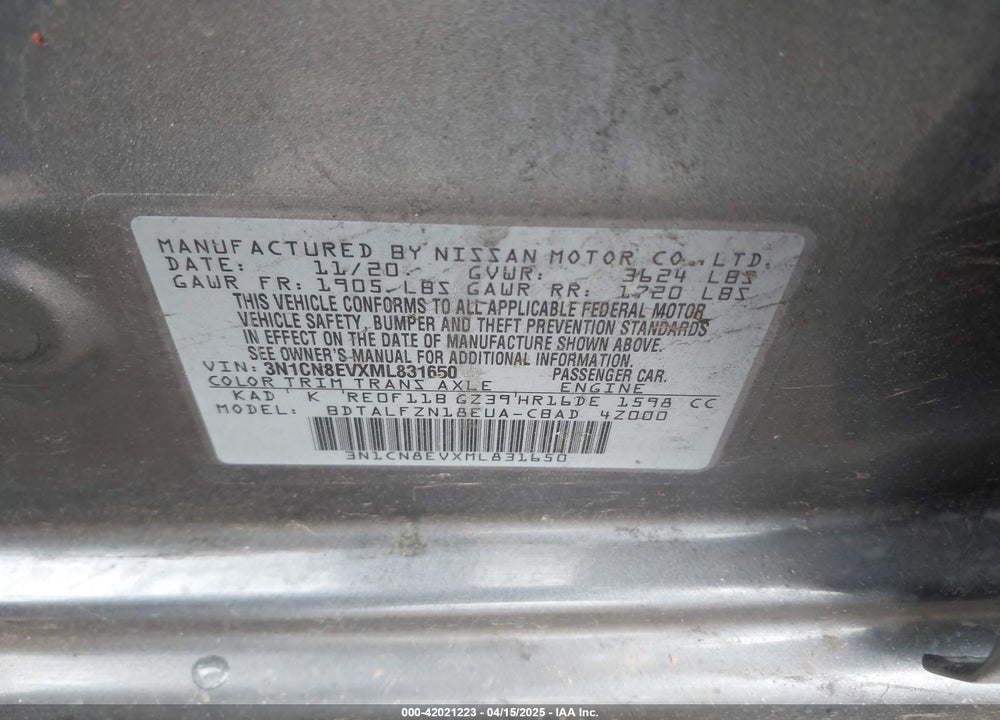 2021 NISSAN VERSA SV XTRONIC CVT VIN: 3N1CN8EVXML831650