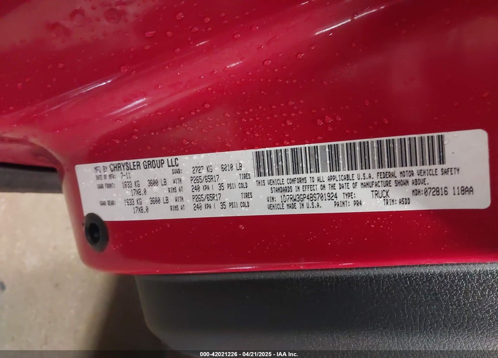 2011 RAM DAKOTA VIN: 1D7RW3GP4BS701924