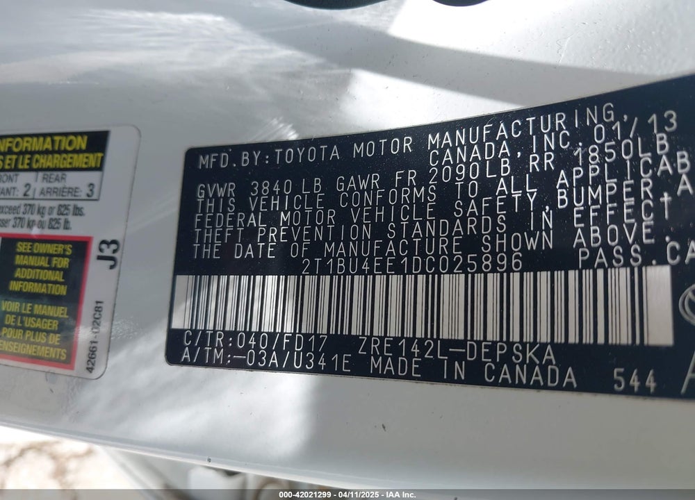 2013 TOYOTA COROLLA S VIN: 2T1BU4EE1DC025896