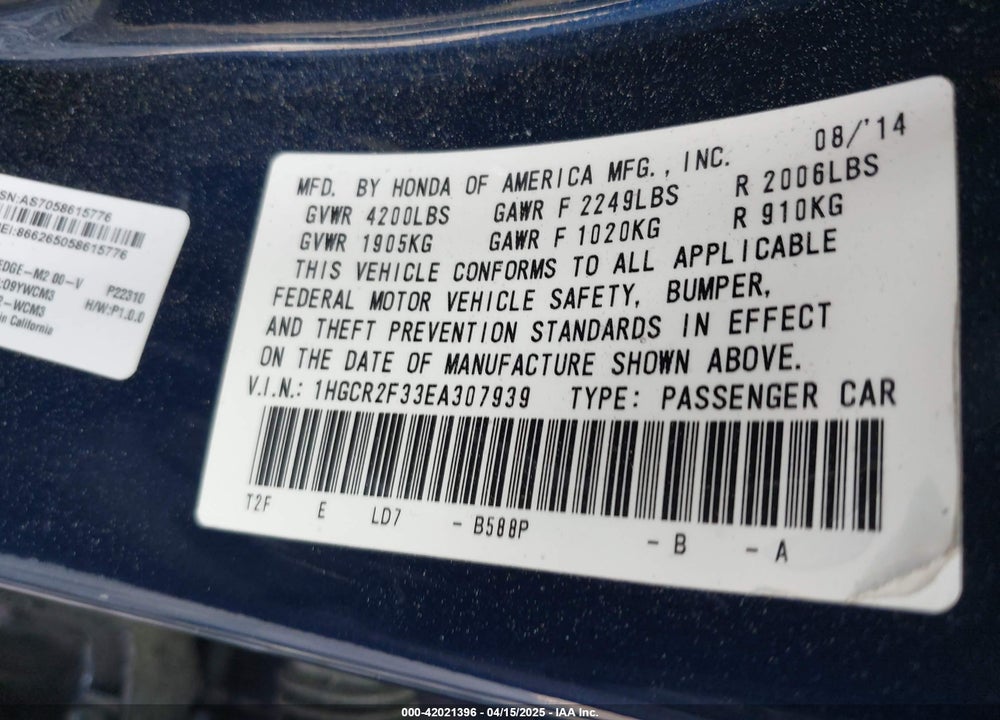 2014 HONDA ACCORD LX VIN: 1HGCR2F33EA307939