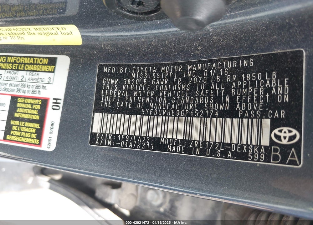 2016 TOYOTA COROLLA VIN: 5YFBURHE9GP452174