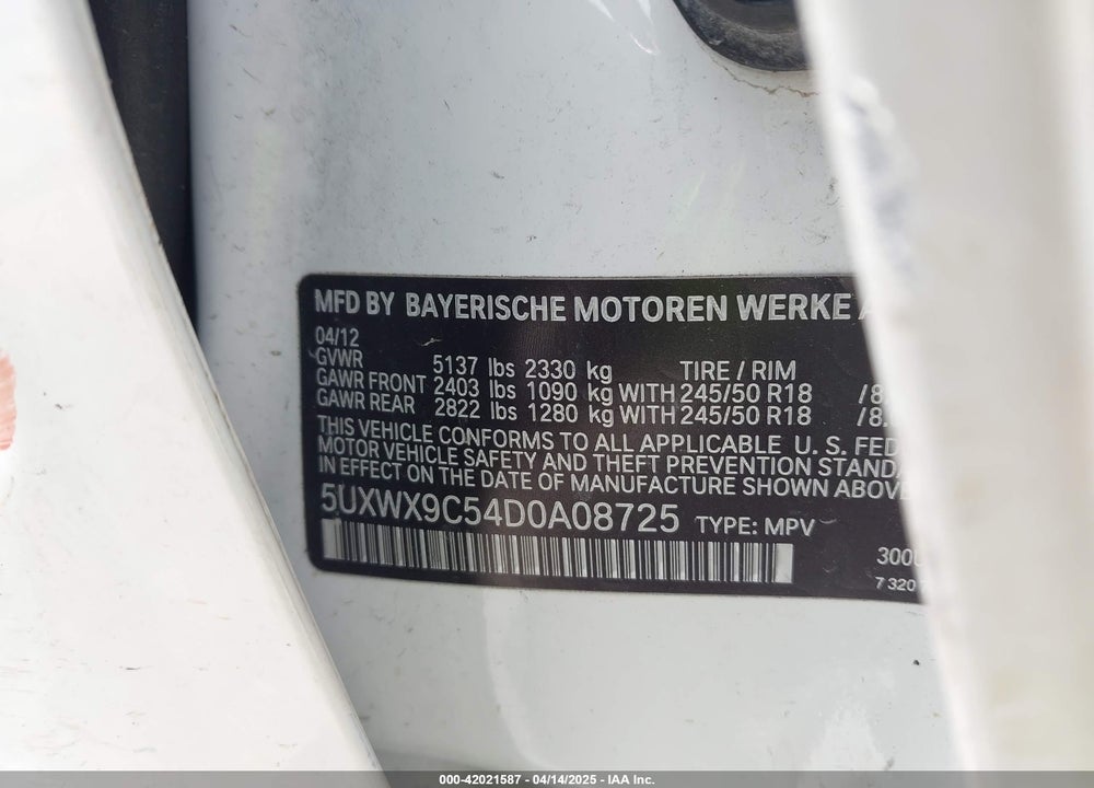2013 BMW X3 XDRIVE28I VIN: 5UXWX9C54D0A08725