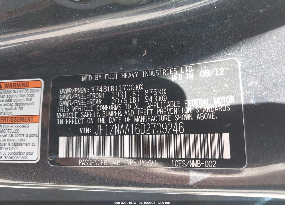 2013 SCION FR-S VIN: JF1ZNAA16D2709246