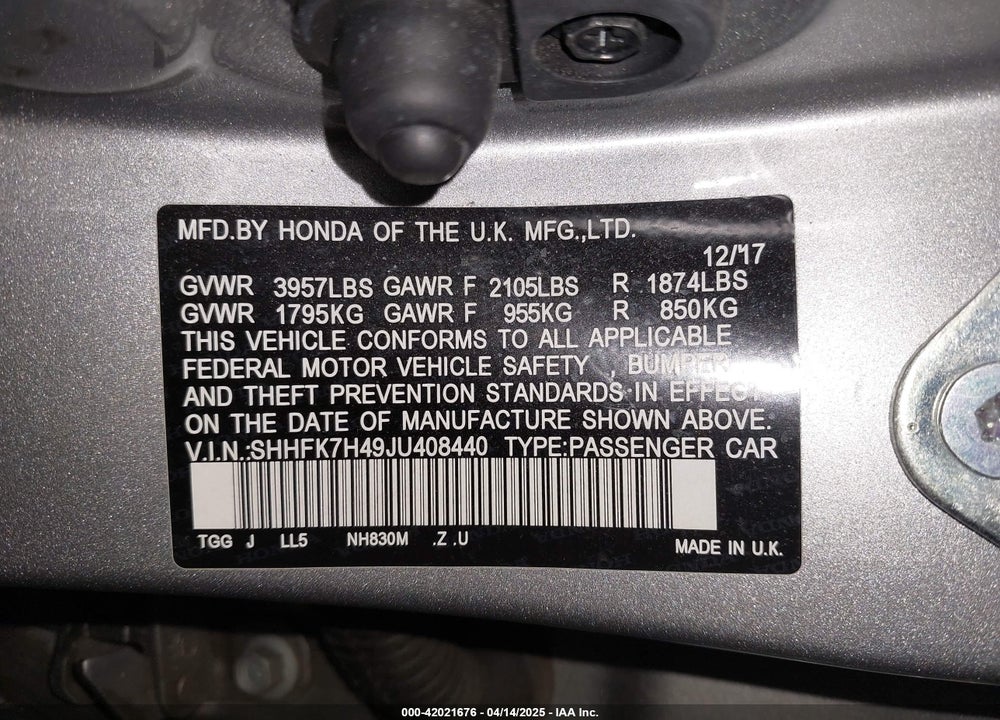 2018 HONDA CIVIC VIN: SHHFK7H49JU408440