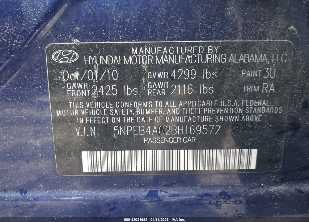 2011 HYUNDAI SONATA VIN: 5NPEB4AC2BH169572