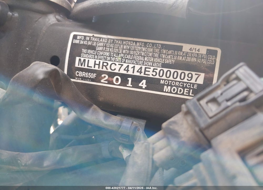 2014 HONDA CBR650 F VIN: MLHRC7414E5000097
