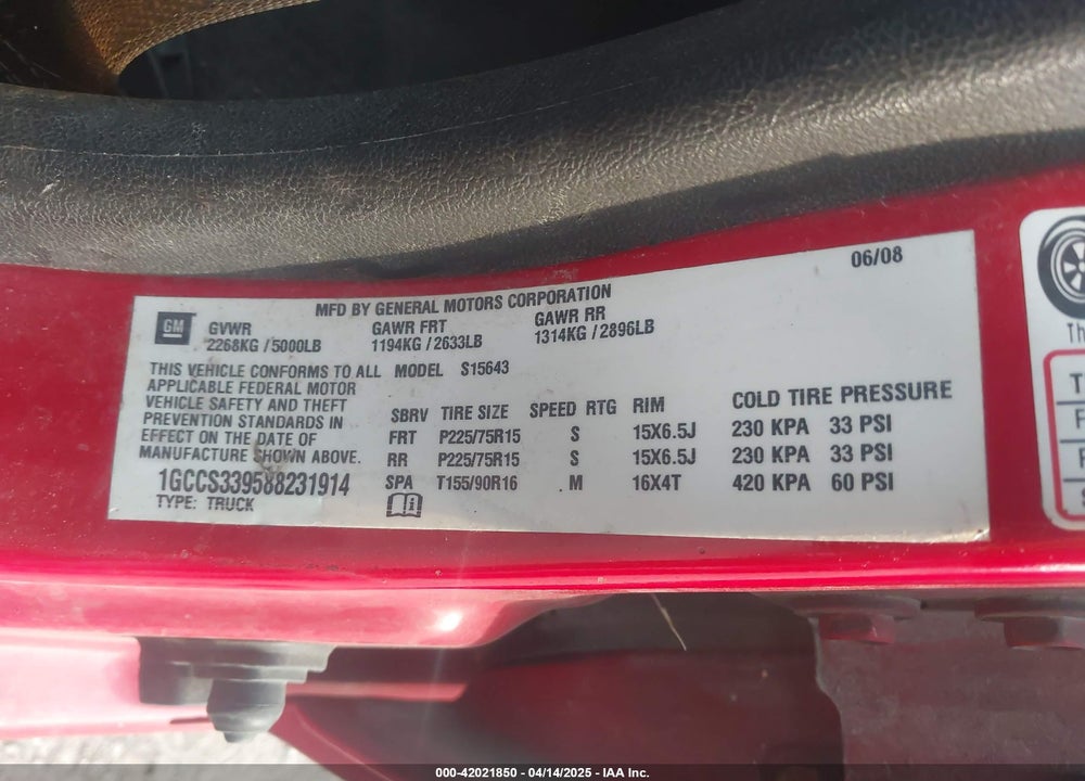 2008 CHEVROLET COLORADO LT VIN: 1GCCS339588231914