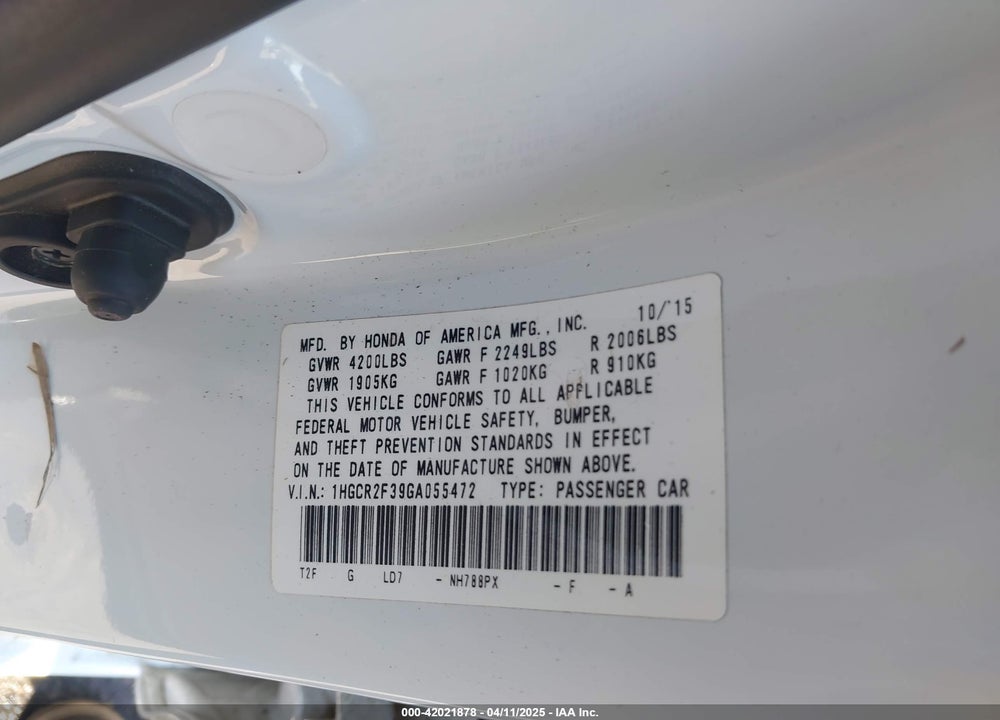 2016 HONDA ACCORD VIN: 1HGCR2F39GA055472