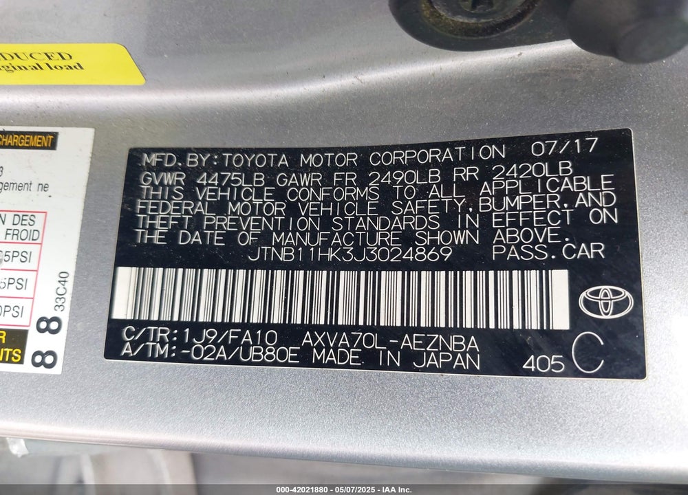 2018 TOYOTA CAMRY VIN: JTNB11HK3J3024869