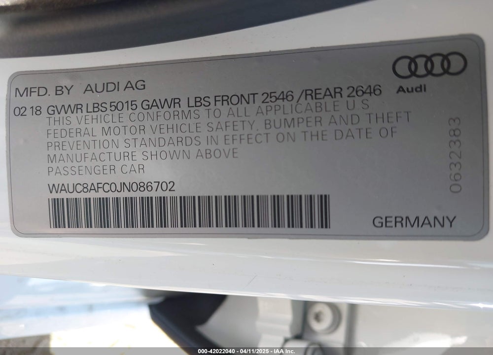 2018 AUDI A6 2.0T PREMIUM VIN: WAUC8AFC0JN086702
