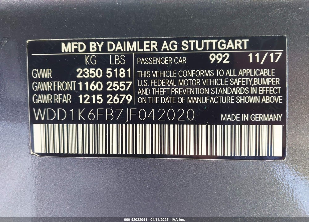 2018 MERCEDES-BENZ E 400 VIN: WDD1K6FB7JF042020
