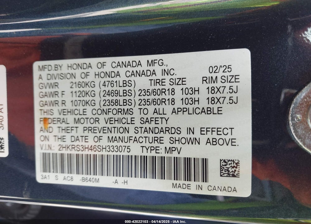2025 HONDA CR-V VIN: 2HKRS3H46SH333075