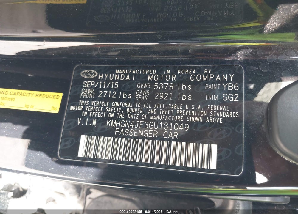 2016 HYUNDAI GENESIS VIN: KMHGN4JE3GU131049