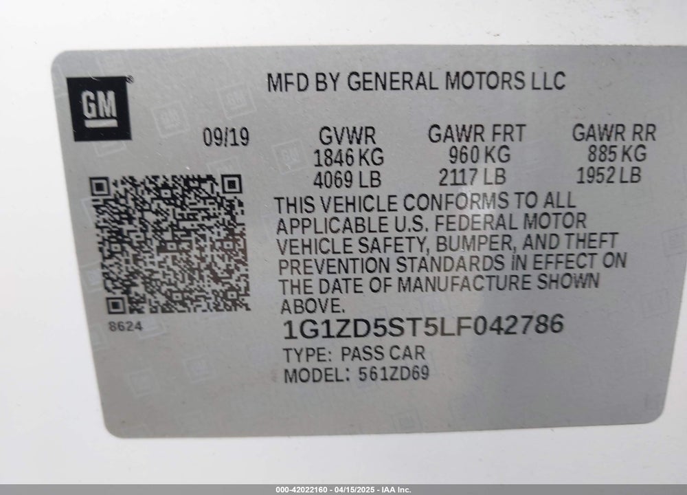 2020 CHEVROLET MALIBU FWD LT VIN: 1G1ZD5ST5LF042786