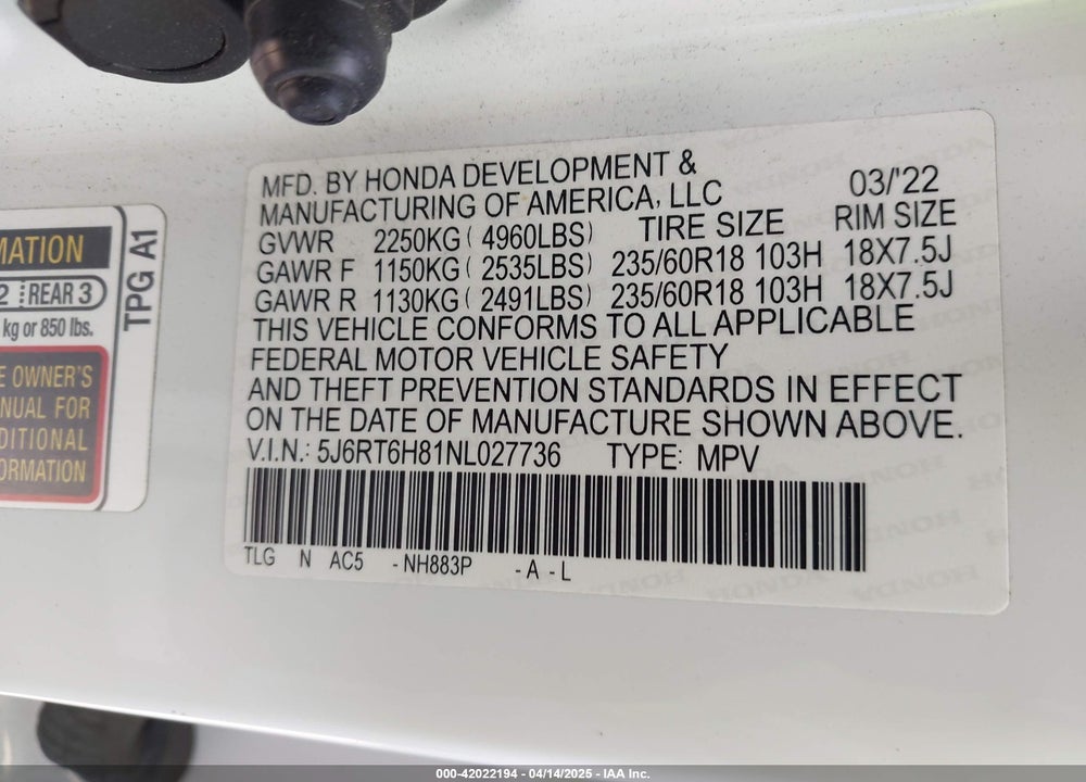 2022 HONDA CR-V HYBRID VIN: 5J6RT6H81NL027736