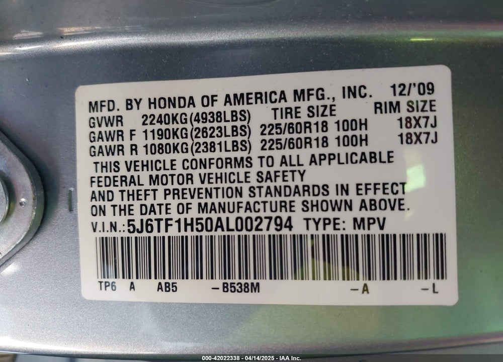 2010 HONDA ACCORD CROSSTOUR EX-L VIN: 5J6TF1H50AL002794