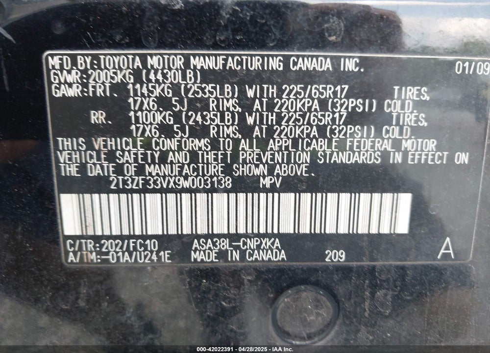 2009 TOYOTA RAV4 VIN: 2T3ZF33VX9W003138
