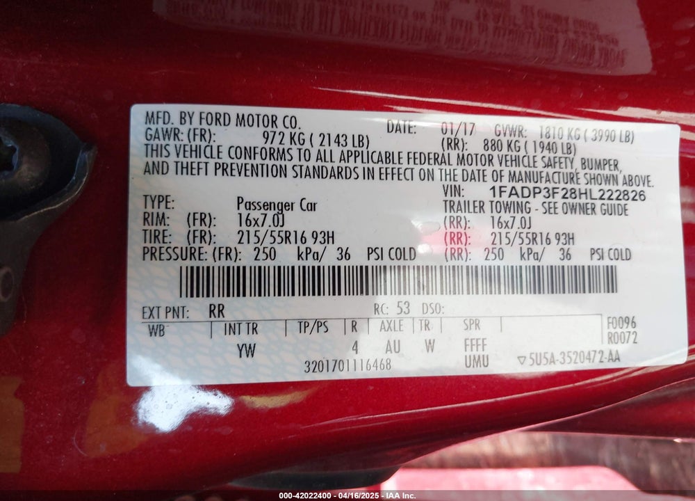 2017 FORD FOCUS VIN: 1FADP3F28HL222826