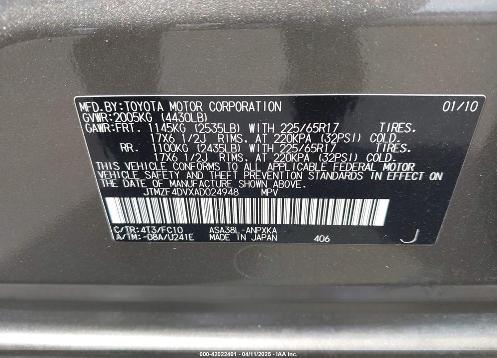 2010 TOYOTA RAV4 VIN: JTMZF4DVXAD024948