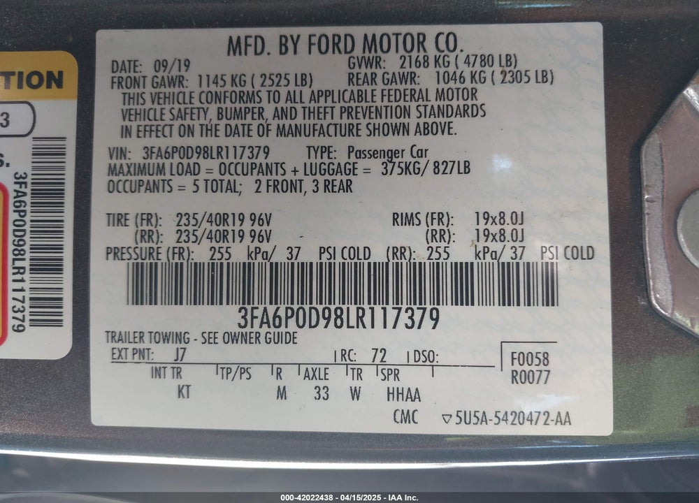 2020 FORD FUSION VIN: 3FA6P0D98LR117379