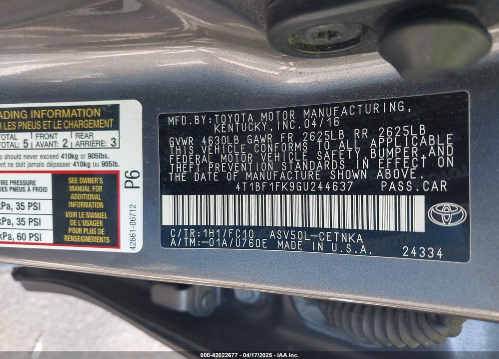 2016 TOYOTA CAMRY VIN: 4T1BF1FK9GU244637