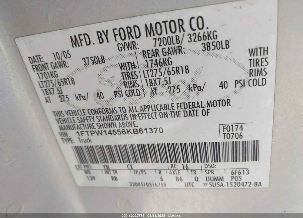 2006 FORD F-150 VIN: 1FTPW14556KB61370