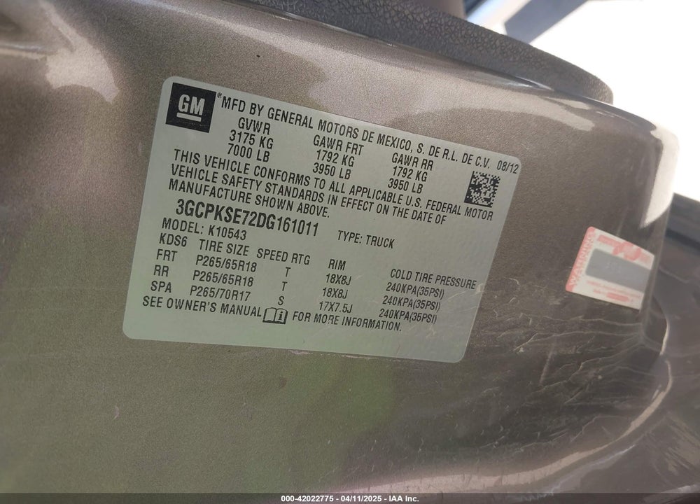 2013 CHEVROLET SILVERADO 1500 VIN: 3GCPKSE72DG161011