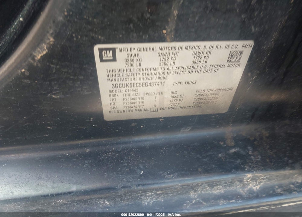 2014 CHEVROLET SILVERADO 1500 1LZ VIN: 3GCUKSEC5EG437411