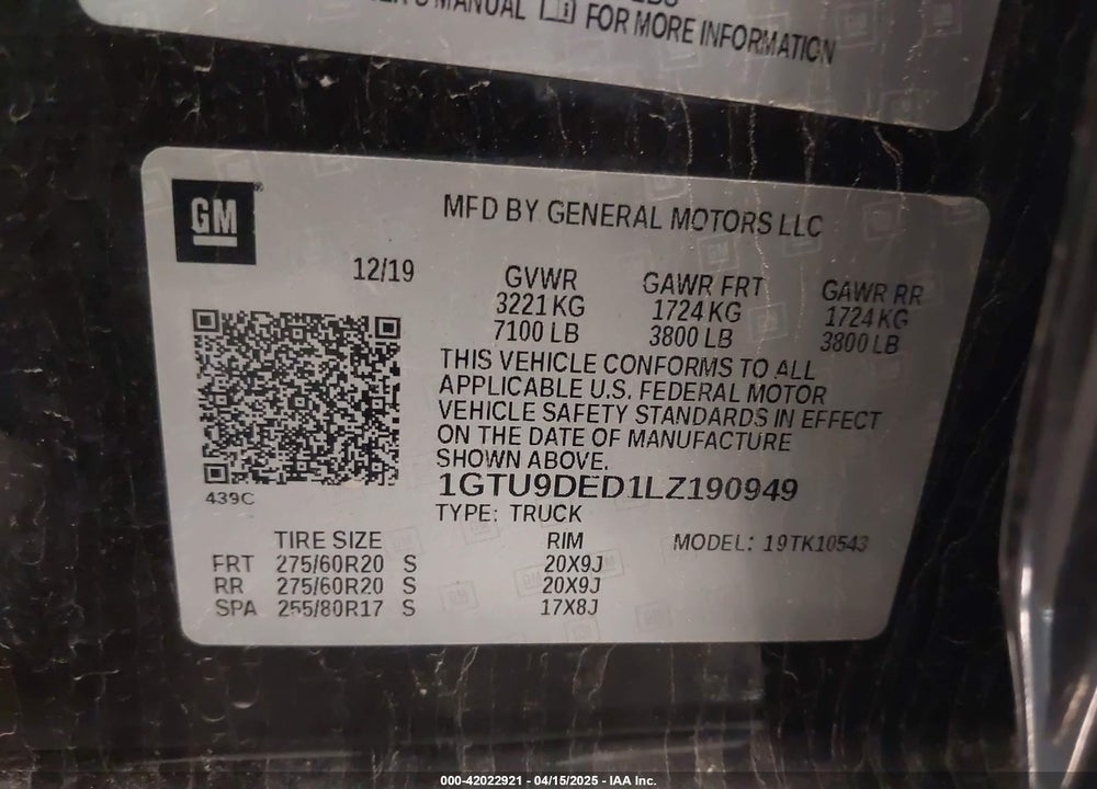2020 GMC SIERRA 1500 VIN: 1GTU9DED1LZ190949
