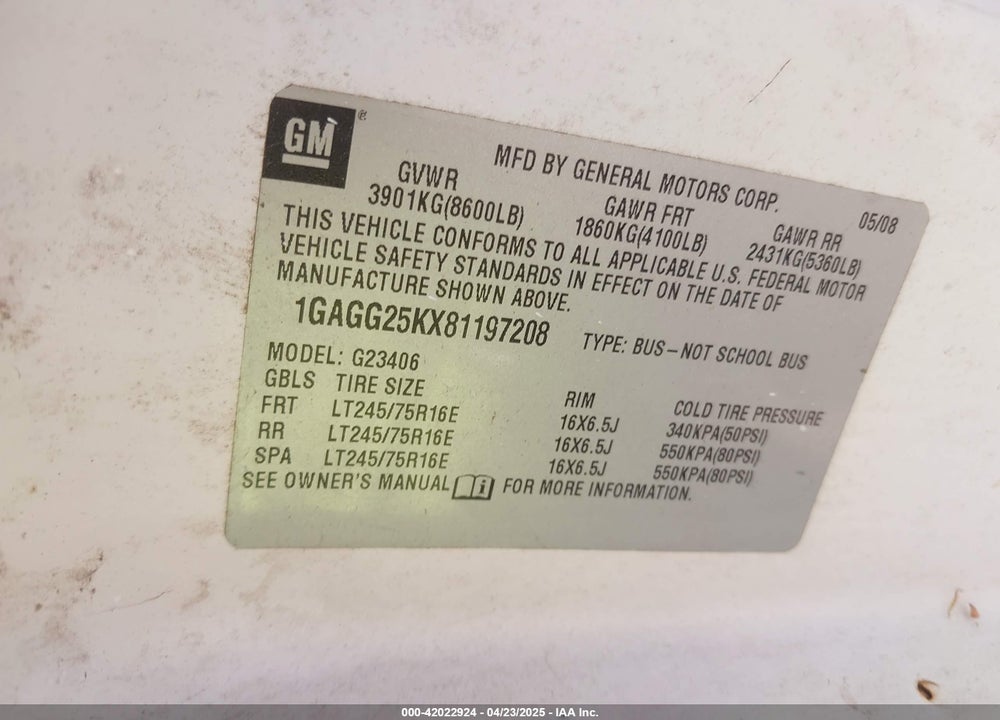 2008 CHEVROLET EXPRESS LS VIN: 1GAGG25KX81197208