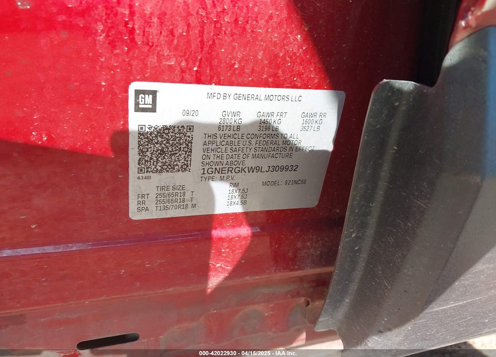2020 CHEVROLET TRAVERSE FWD LT CLOTH VIN: 1GNERGKW9LJ309932