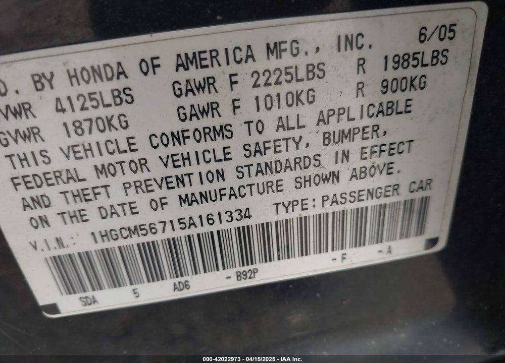 2005 HONDA ACCORD 2.4 EX VIN: 1HGCM56715A161334