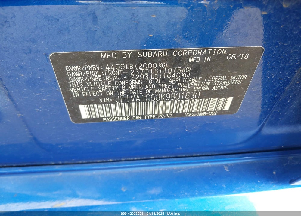 2019 SUBARU WRX VIN: JF1VA1C68K9801630