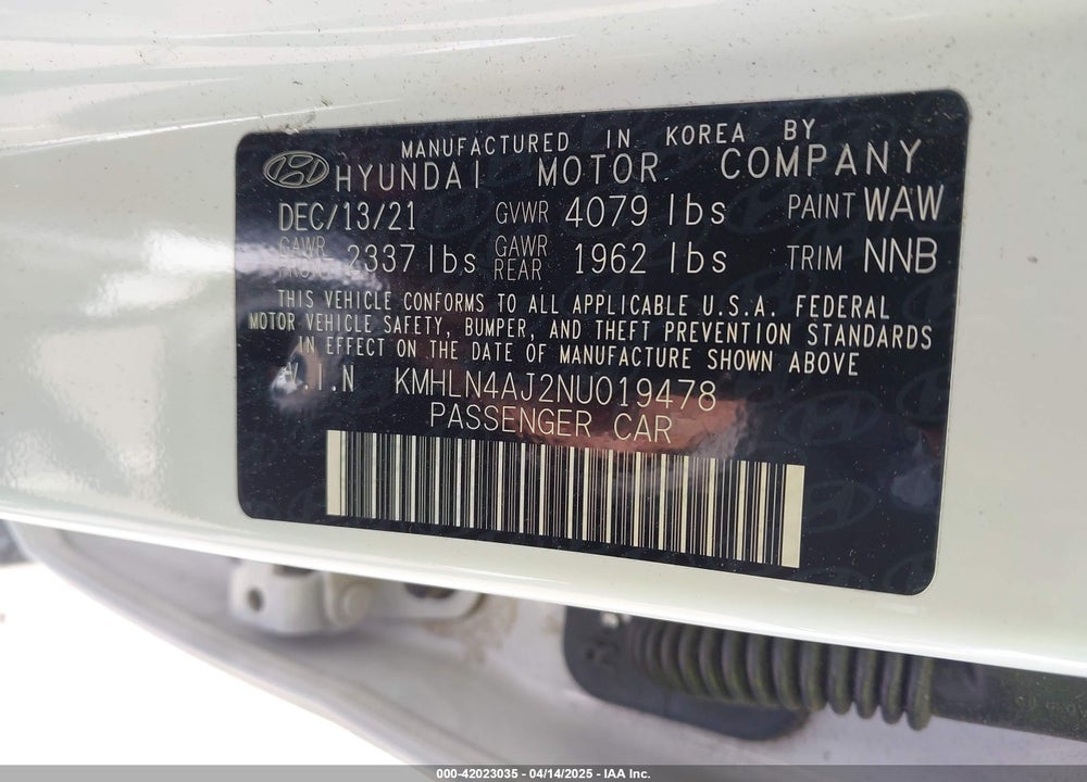 2022 HYUNDAI ELANTRA HYBRID LIMITED VIN: KMHLN4AJ2NU019478