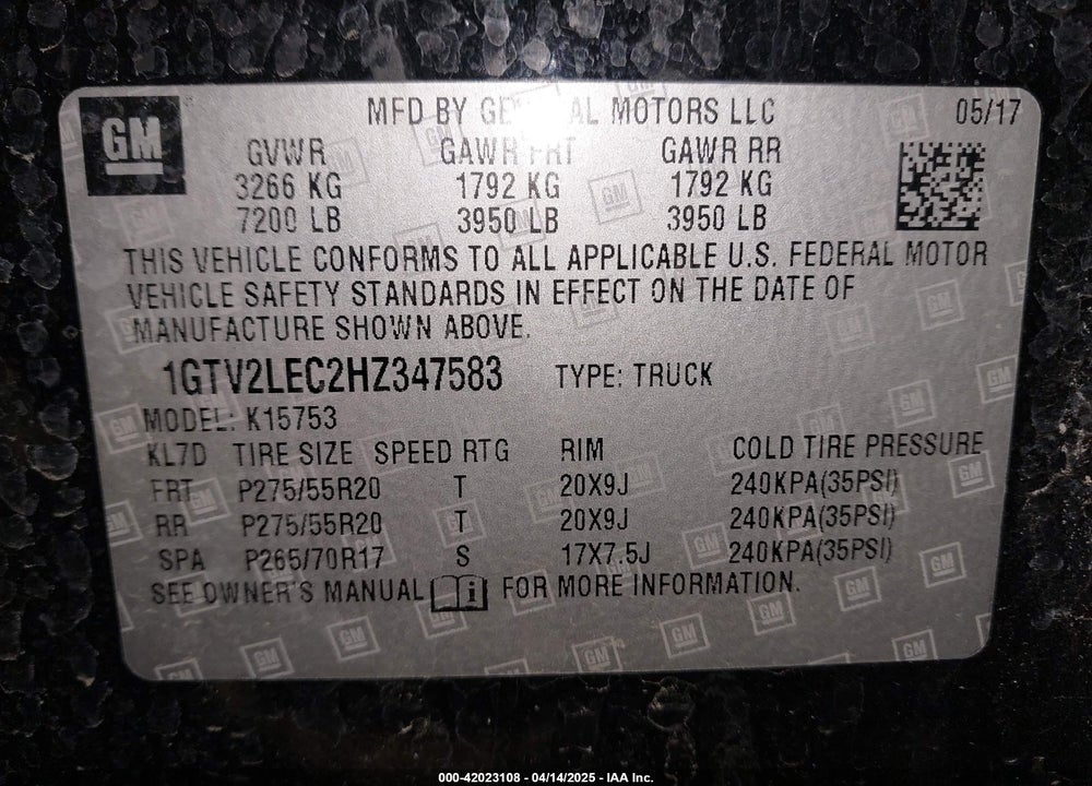 2017 GMC SIERRA 1500 VIN: 1GTV2LEC2HZ347583
