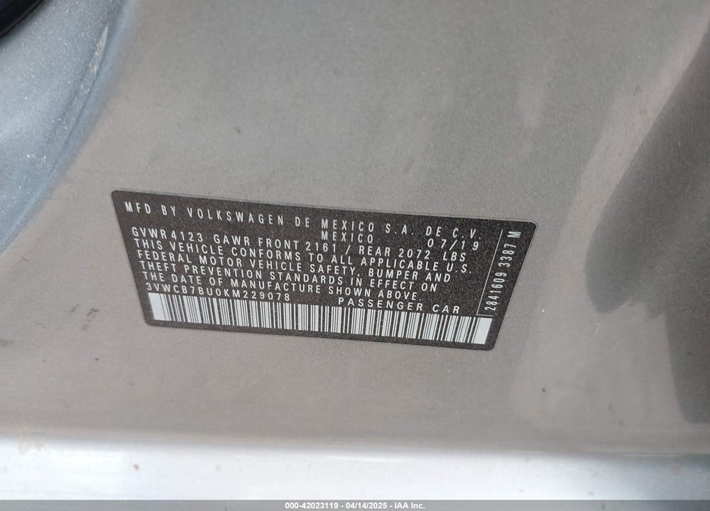 2019 VOLKSWAGEN JETTA 1.4T R-LINE/1.4T S/1.4T SE VIN: 3VWCB7BU0KM229078