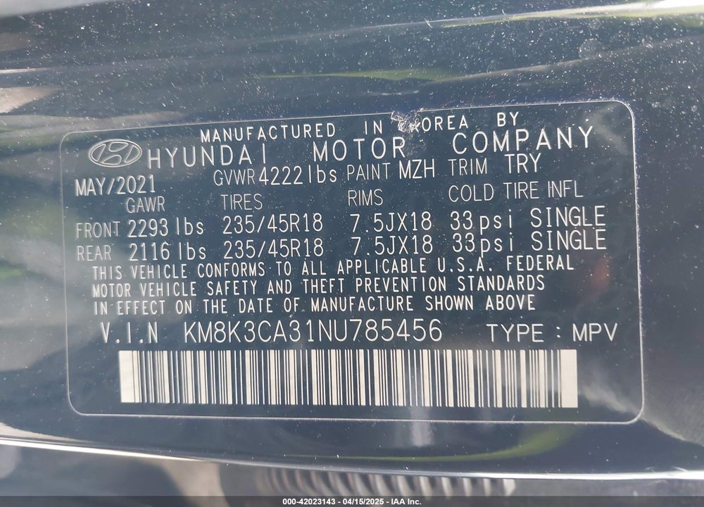 2022 HYUNDAI KONA N LINE VIN: KM8K3CA31NU785456