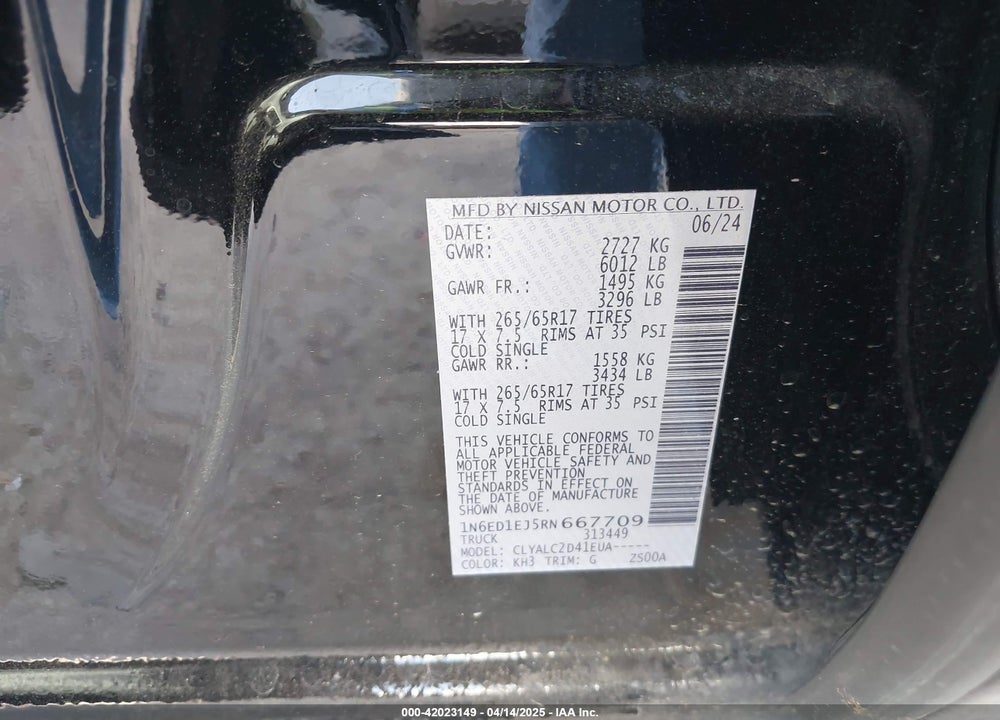 2024 NISSAN FRONTIER VIN: 1N6ED1EJ5RN667709