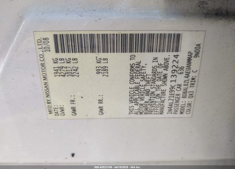 2009 NISSAN ALTIMA VIN: 1N4AL21E99C139224