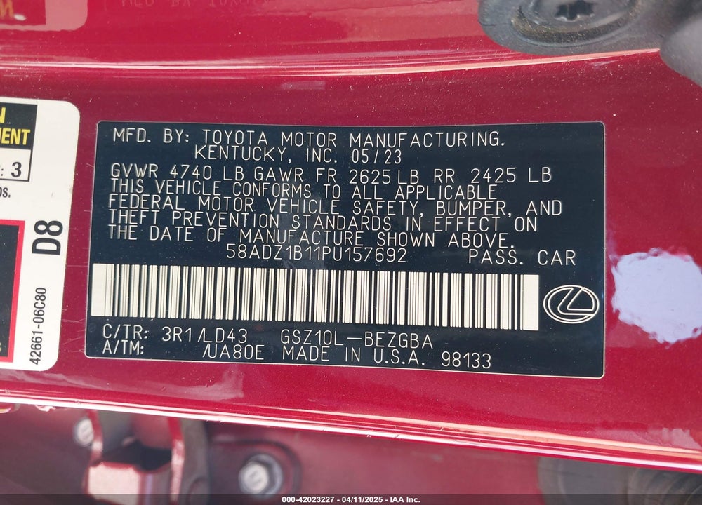 2023 LEXUS ES 350 VIN: 58ADZ1B11PU157692